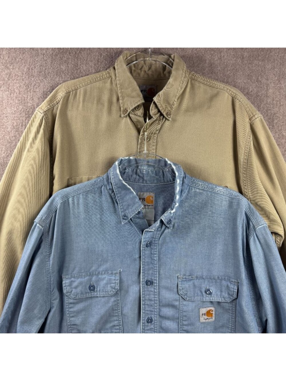 Carhartt FR Shirts Bundle of 2 Flame Resistant Workwear Men Large Khaki Blue